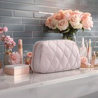 Travel Makeup Bag Puffy Padded Cosmetic Organizer Case Wide Opening Toiletry Pouch Pink