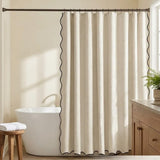 Shower Curtain Linen Textured with Hooks Wavy Edge Washable Waterproof Beige