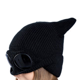 Double Layer Winter Beanie with Goggles Cute Cat Ear Knit Hat for Winter Black