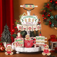 13Pcs Christmas Wooden Sign for Tiered Tray Gingerbread Man Xmas Tabletop Signs Decor