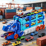 Foldable Dino Carrier Truck Dual Tracks with 6 Mini Cars for Home Outdoors Blue