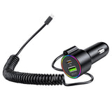 3-in-1 Car Charger – Retractable Coiled Cable with USB and Type-C Fast Charging