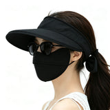 Detachable Wide Brim Sun Hat 2 in 1 with Zipper for Women Black