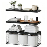3 PCS Engineered Wood Wall Shelves with Metal Storage Basket Black