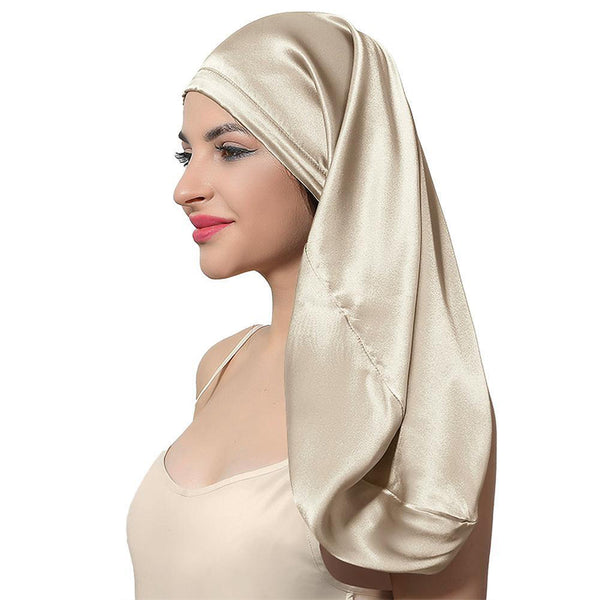 100%Silk Long Bonnet Sleep Cap Long Satin Night Cap Khaki