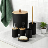 6 Pcs Bathroom Wash Set with Bamboo Lids and Plastic Body Black