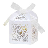 50 PCS Laser Cut Pearl Paper Candy Favor Boxes with Ribbons White