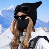 Double Layer Winter Beanie with Goggles Cute Cat Ear Knit Hat for Winter Black