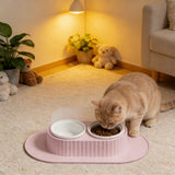 Ceramic Double Bowl Pet Feeding Set with Elevated Stand and Non-Slip Mat Pink