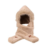 3-in-1 Hooded Scarf Hat Winter Warm Plush Hat with Gloves for Riding