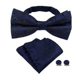 4 Piece Pre Tied Bow Tie Pocket Square and Cufflink Set Jacquard Dark Blue
