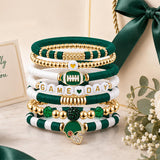7 Piece Football Clay Bead Bracelet Stack Set Elastic Green