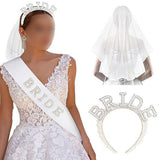 3Pcs Bride to Be Headband with Sash and Veil for Bachelorette Party Decorations Iridescent Rhinestone