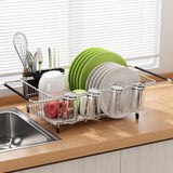 Stainless Steel Over Sink Dish Drying Rack Expandable with Utensil Holder Silver