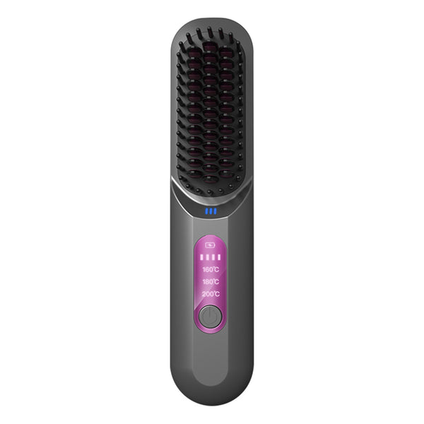 Cordless Hair Straightener Brush Mini Anion Hot Straightener Comb with LED Display Grey
