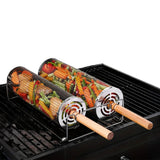 2 PCS Stainless Steel Rolling Grill Baskets with Engineered Wood Handles