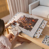 Foldable Puzzle Table with 6 StorageDrawers Portable Felt Jigsaw Puzzle Board for Sorting and Assembly Light Grey