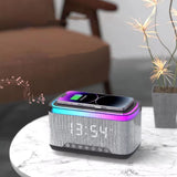 4-in-1 Bluetooth Stereo Sound Speaker with RGB Light Fast Wireless Phone Charger Alarm Clock White Noise Machine Black