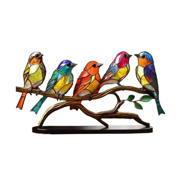 5 Birds On Branch Ornaments Stained Birds Decorations
