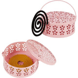2PCS 14cm Metal Mosquito Coil and Incense Holder with Lid Floral Cutout Design Blue And Pink