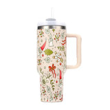 40oz Stainless Steel Christmas Pattern Water Bottle Thermal Mug Travel Tumbler Christmas Gifts Beige