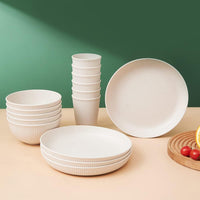 18pcs Set Wheat Straw Dinnerware Reusable Cups Plates Bowls Set Beige