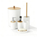6 Pcs Bathroom Wash Set with Bamboo Lids and Plastic Body White