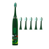 Cartoon Electric Toothbrush Rechargeable Speed Control Toothbrush with 6 Replacement Heads Green