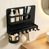 Wall Mounted Bedside Shelf Metal with Cup Holder and Hooks for Kitchen Bathroom