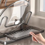 Kitchen Pot Lid Storage Rack Carbon Steel Double-Layer Holder & Spoon Rest for Kitchen Counter Space Saving Grey