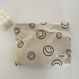 Corduroy Makeup Bag Cute Smile Dots Face Case Handbag with Zipper for Women Beige