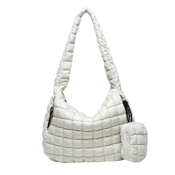 Puffer Tote Bag Quilted Puffy Crossbody Carryall Handbag White