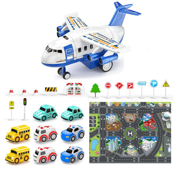 Kids Airplane Toys Set - Car Race Tracks with 8 Small Car Toys and 14 Traffic Signs