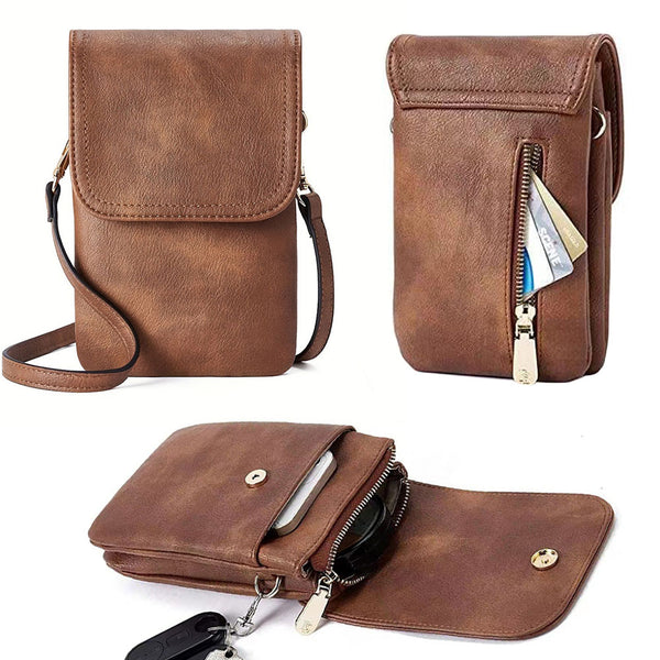 Trendy Crossbody Bags for Women PU Leather Triple Compartment Sling Purse for Cell Phone Brown
