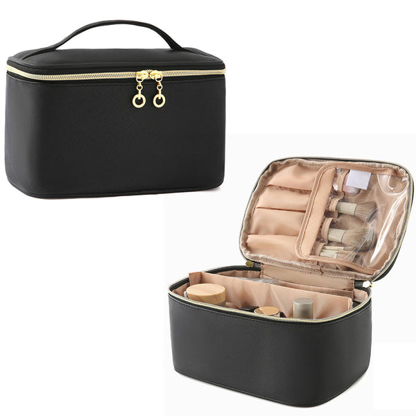 PU Leather Makeup Bag Large Capacity Travel Cosmetic Bag Toiletry Bag for with Handle and Divider Black