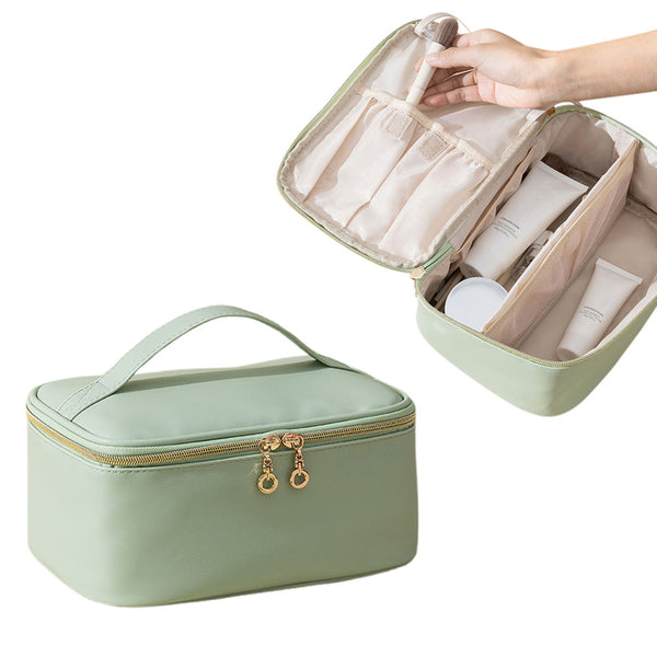 PU Leather Makeup Bag Large Capacity Travel Cosmetic Bag Toiletry Bag for with Handle and Divider Green