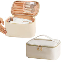PU Leather Makeup Bag Large Capacity Travel Cosmetic Bag Toiletry Bag for with Handle and Divider White