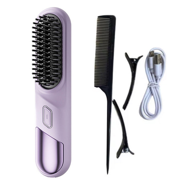Cordless Hair Straightener Brush Portable Heating Hair Straightening Comb Purple