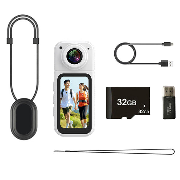 2K Thumb Action Camera Mini Body Camera 180-Degree Rotating  Camcorder for Cycling Motorcycle Sports Vlogging White