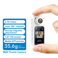 2K Thumb Action Camera Mini Body Camera 180-Degree Rotating  Camcorder for Cycling Motorcycle Sports Vlogging White