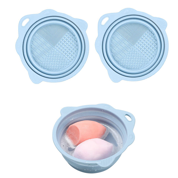 2Pcs Foldable Makeup Brush Cleaner Bowl Portable Silicone Cleaning Tool for Cosmetic Brushes Powder Puffs Sponges Blue