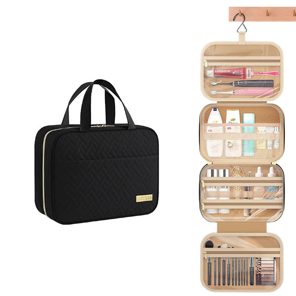 Travel Toiletry Bag with Wet Dry Separation Pocket Multi-Compartment Hanging Makeup Organizer Black