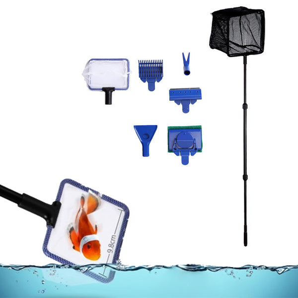 6-in-1 Aquarium Cleaning Tool Kit Extendable Fish Tank Cleaner with Net Rake Scraper Brush