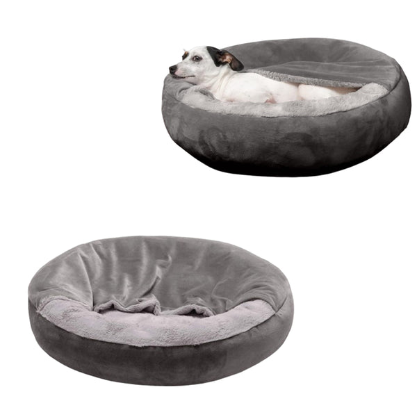 Round Donut Dog Bed Washable Plush Hooded Pet Nest