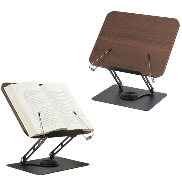Book Stand with 360 Degrees Rotating Base for Reading Adjustable Book Holder with Elastic Clips Coffee