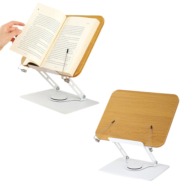 Book Stand with 360 Degrees Rotating Base for Reading Adjustable Book Holder with Elastic Clips Wood Color