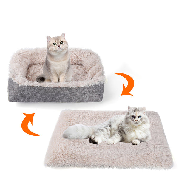 2-in-1 Soft Plush Pet Bed Warming Fluffy Mat for Cats Small Dogs Beige