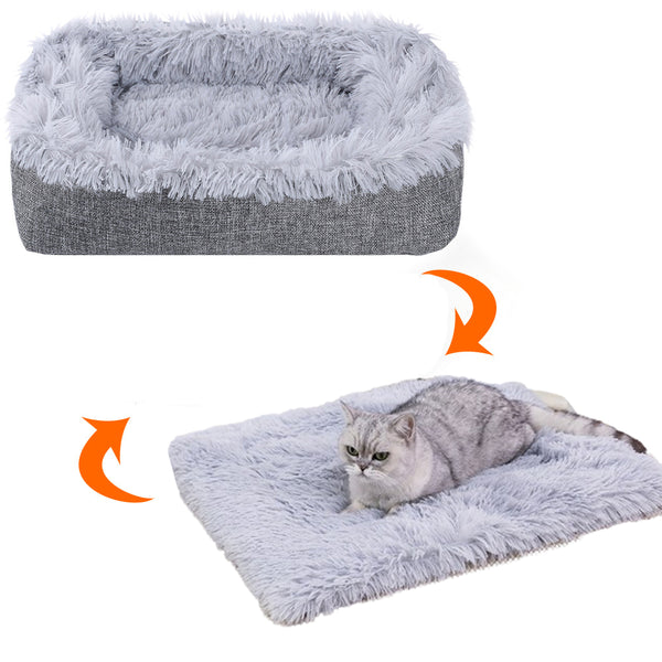 2-in-1 Soft Plush Pet Bed Warming Fluffy Mat for Cats Small Dogs Grey
