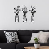 3Pcs Set Metal Flowers Wall Arts Minimalist Wall-Mount Flower Decors for Home Office Black