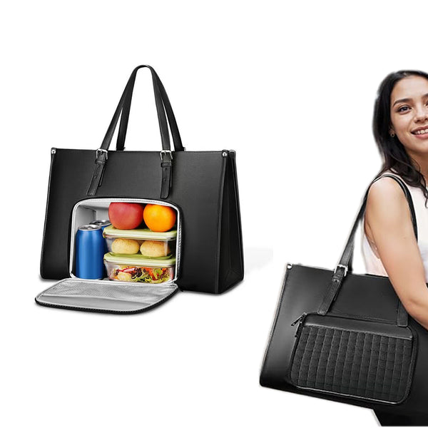 Laptop Tote Bag with Insulated Lunch Compartment PU Briefcase with Lunch Box Pocket Work Bag for Office
